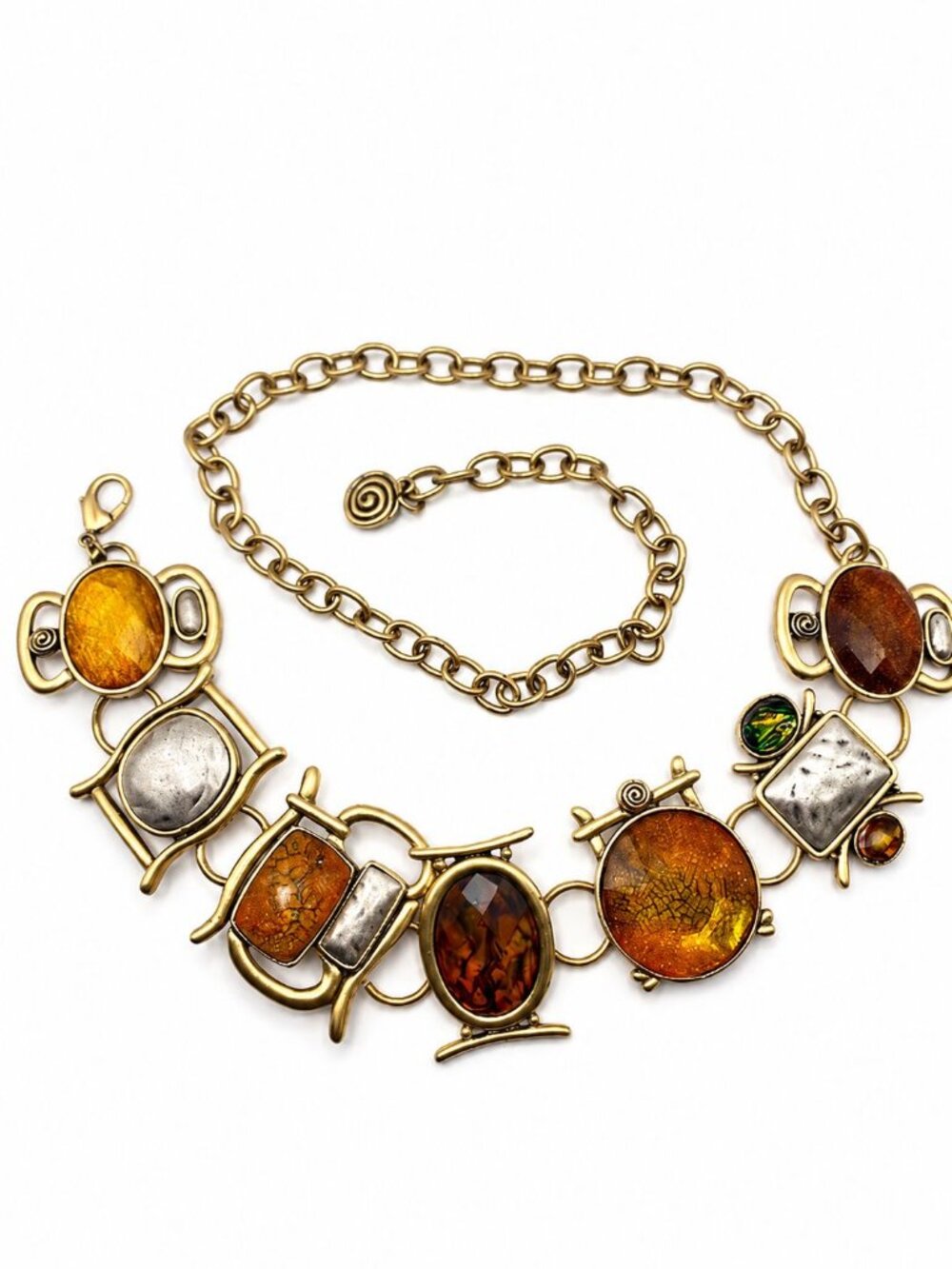 Chico's Vintage Statement Chain Belt Adjustable Med-Lg Mixed Gem Cabochon Amber